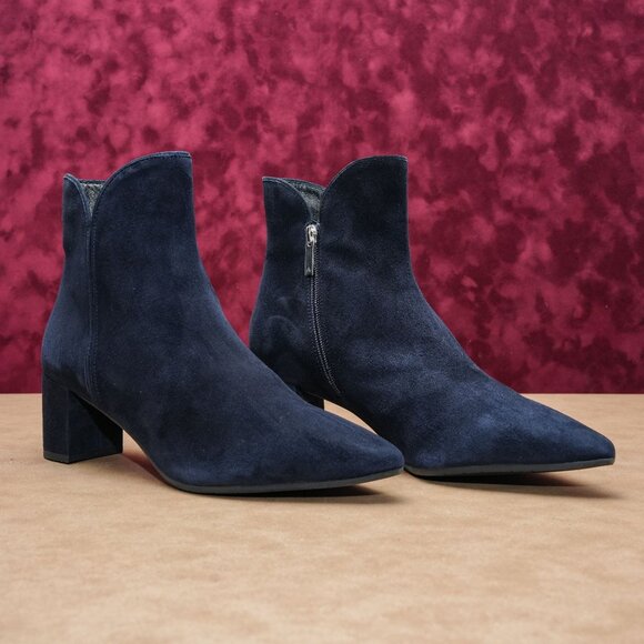 Aquatalia Women Kaylani Navy Blue Suede Zip Ankle Dress Pointy Toe Boots sz 12